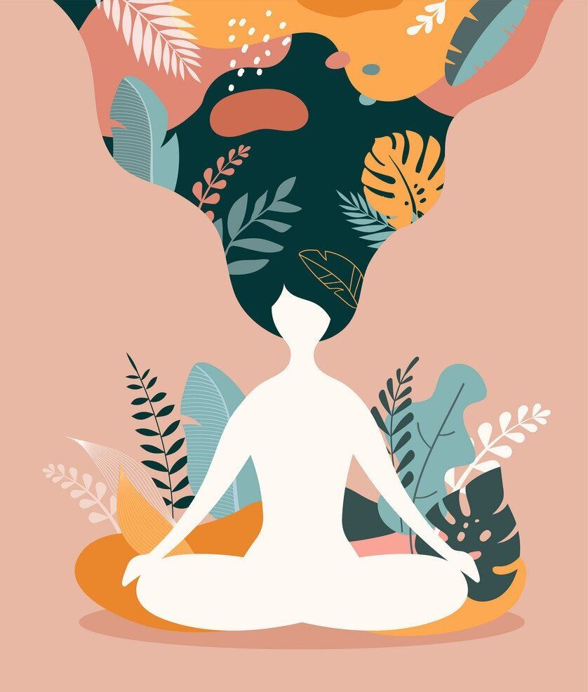 Cartoon drawing of a woman in meditation. She is implementing mindful habits. Different plants surrounding her. Her hair is lifted and filled with different coloured plants. Pink background. She is peaceful. The image conveys a feeling of peace and calmness.
