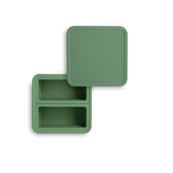 FDA - approved silicone freezer trays in two-portion and four -portion sizes,filled with home-cooked meals, and designed for easy portioning and freezing.