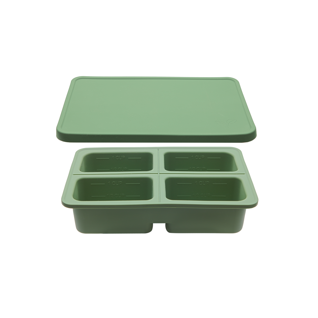 FDA-approved silicone freezer trays in two-portion and four-portion sizes,filled with home-cooked meals and designed for easy portioning and freezing.