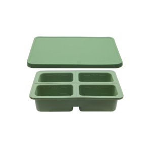 FDA-approved silicone freezer trays in two-portion and four-portion sizes,filled with home-cooked meals and designed for easy portioning and freezing.