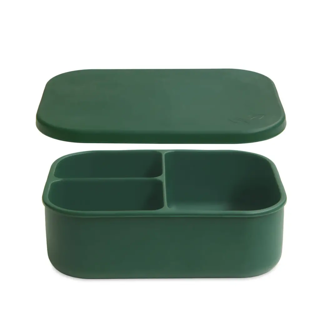 Top view of a moss green silicone bento box with divided compartments for organizing lunch, lightweight and durable, designed for easy, stress-free everyday packing.