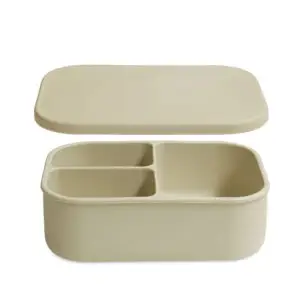 Top view of a mushroom - coloured silicone bento box with divided compartments for organising lunch,lightweight and durable, designed for easy, stress-free everyday packing.